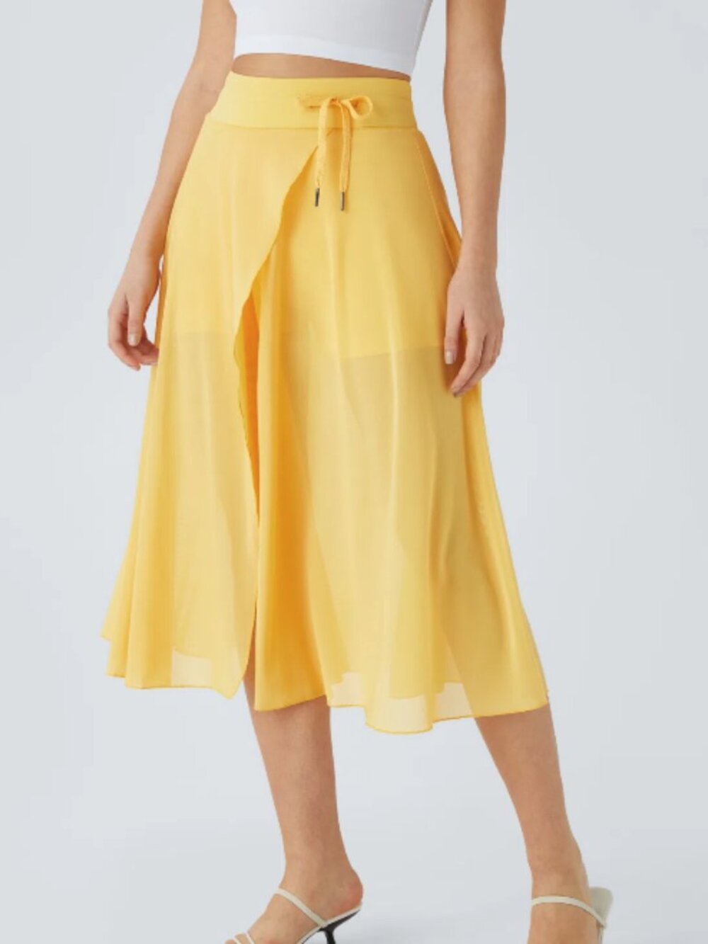 Halara Popcorn Yellow Contrast Mesh 2-in-1 Pocket Flowy Midi Skirt XL